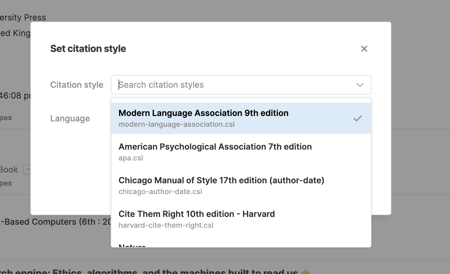 The “Set citation style” dialog with a “Search citation styles” box open on a list of styles — a ticked Modern Language Association 9th edition, APA 7th, Chicago 17th (author-date) and Cite Them Right 10th — each with its .csl filename.
